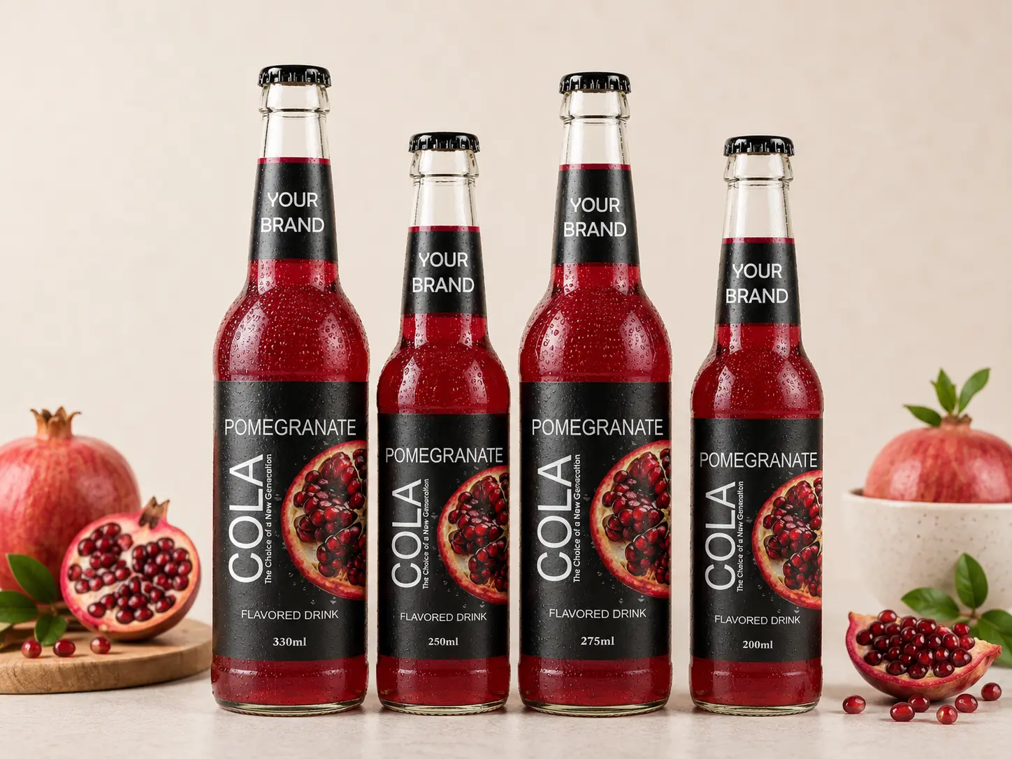 COLA DRINK Pomegranate flavour in 330ml, 250ml, 275ml, and 200ml glass bottles.